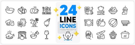 Illustration for Icons set of Alcohol addiction, Ice cream milkshake and Ice cream line icons pack for app with Salad, Apple, Food thin outline icon. Cappuccino, Potato, Hazelnut pictogram. Fish dish. Vector - Royalty Free Image
