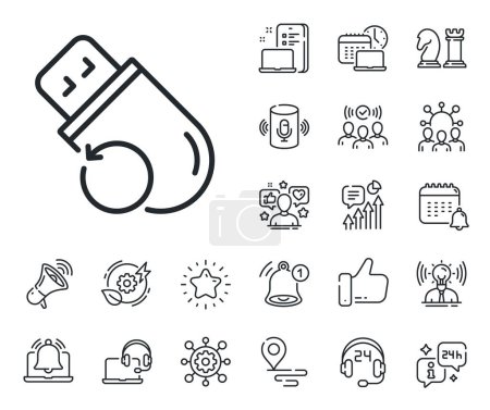 Illustration for Backup data sign. Place location, technology and smart speaker outline icons. Recovery usb memory line icon. Restore information symbol. Flash memory line sign. Vector - Royalty Free Image