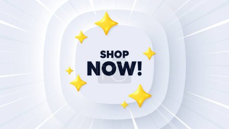 Illustration for Shop now tag. Neumorphic banner with sunburst. Special offer sign. Retail Advertising symbol. Shop now message. Banner with 3d stars. Circular neumorphic template. Vector - Royalty Free Image