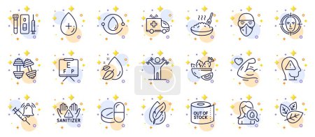 Illustration for Outline set of Blood and saliva test, Medical mask and Porridge line icons for web app. Include Dumbbells workout, Strong arm, Vaccine announcement pictogram icons. Toilet paper. Vector - Royalty Free Image