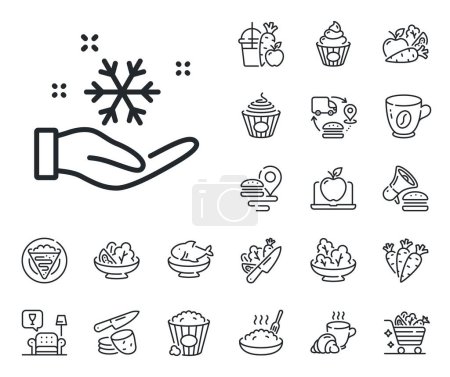 Illustration for AC cold temperature sign. Crepe, sweet popcorn and salad outline icons. Freezing hand line icon. Fridge function symbol. Freezing line sign. Pasta spaghetti, fresh juice icon. Supply chain. Vector - Royalty Free Image
