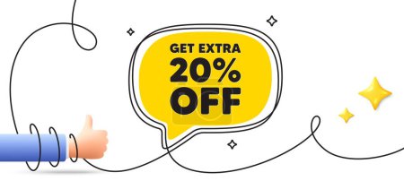 Illustration for Get Extra 20 percent off Sale. Continuous line art banner. Discount offer price sign. Special offer symbol. Save 20 percentages. Extra discount speech bubble background. Wrapped 3d like icon. Vector - Royalty Free Image
