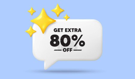 Illustration for Get Extra 80 percent off Sale. 3d speech bubble banner with stars. Discount offer price sign. Special offer symbol. Save 80 percentages. Extra discount chat speech message. 3d offer talk box. Vector - Royalty Free Image