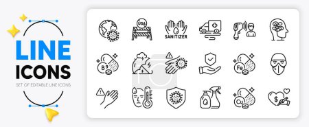 Illustration for Iron, Coronavirus and Hand sanitizer line icons set for app include Wash hand, Fever, Dont touch outline thin icon. Usa close borders, Medical mask, Electronic thermometer pictogram icon. Vector - Royalty Free Image