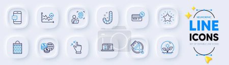 Illustration for Cashback, Candy and Touchscreen gesture line icons for web app. Pack of Seo analysis, Smartphone message, Incubator pictogram icons. Rank star, Shopping bag, Computer fingerprint signs. Vector - Royalty Free Image