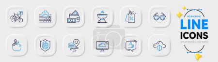 Illustration for Build, Food delivery and Grill line icons for web app. Pack of Like, Bicycle parking, Cloud storage pictogram icons. Sunglasses, Cloud protection, Discount tags signs. Money wallet. Vector - Royalty Free Image