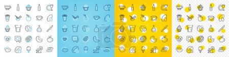 Illustration for Vector icons set of Espresso, Food delivery and Love coffee line icons pack for web with Bread, Cake, Soy nut outline icon. Pasta, Pecan nut, Cognac bottle pictogram. Apple. Vector - Royalty Free Image