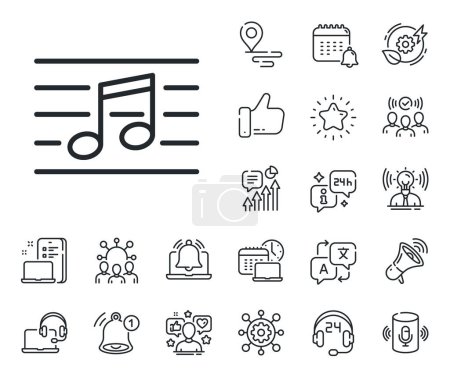 Illustration for Music sign. Place location, technology and smart speaker outline icons. Musical note line icon. Musical note line sign. Influencer, brand ambassador icon. Support, online offer. Vector - Royalty Free Image