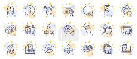 Illustration for Outline set of Info, Integrity and Dirty water line icons for web app. Include Card, Swipe up, Partnership pictogram icons. Charging station, Co2 gas, 360 degrees signs. Circles with 3d stars. Vector - Royalty Free Image