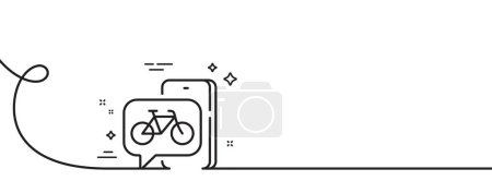 Téléchargez les illustrations : Icône de ligne d'application vélo. Continu une ligne avec boucle. Panneau de transport vélo ville. Louez un vélocipède par téléphone symbole. App vélo ruban contour unique. Courbe de boucle. Vecteur - en licence libre de droit