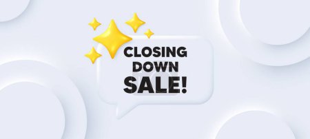Illustration for Closing down sale. Neumorphic background with chat speech bubble. Special offer price sign. Advertising discounts symbol. Closing down sale speech message. Banner with 3d stars. Vector - Royalty Free Image