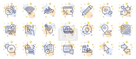 Illustration for Outline set of Text message, Pencil and Savings tax line icons for web app. Include Timer, Cursor, Idea pictogram icons. 5g wifi, Statistic, Truck transport signs. Cpu processor. Vector - Royalty Free Image