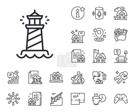 Illustration for Searchlight tower sign. Floor plan, stairs and lounge room outline icons. Lighthouse line icon. Beacon symbol. Lighthouse line sign. House mortgage, sell building icon. Real estate. Vector - Royalty Free Image