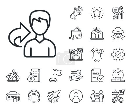 Illustration for User or businessman person sign. Salaryman, gender equality and alert bell outline icons. Share refer line icon. Male silhouette symbol. Share line sign. Spy or profile placeholder icon. Vector - Royalty Free Image