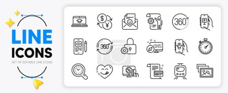 Illustration for Payment card, Photo album and Parking app line icons set for app include Yummy smile, Web system, Music app outline thin icon. Online shopping, 360 degrees, Website education pictogram icon. Vector - Royalty Free Image