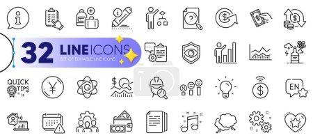 Illustration for Outline set of Yen money, Eye detect and Team work line icons for web with Alcohol addiction, Algorithm, Trade infochart thin icon. English, Quick tips, Work home pictogram icon. Vector - Royalty Free Image