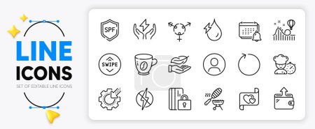 Illustration for Safe energy, Headshot and Hydroelectricity line icons set for app include Notification, Wallet, Chef outline thin icon. Antistatic, Coffee, Spf protection pictogram icon. Love letter. Vector - Royalty Free Image