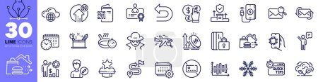 Illustration for Search mail, Agent and Food delivery line icons pack. Undo, Calendar time, Journey web icon. Frying pan, Excise duty, Quick tips pictogram. Certificate, No card, Calendar. Qr code. Vector - Royalty Free Image