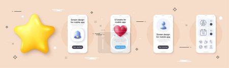 Illustration for Audit, User idea and Chemistry experiment line icons pack. Phone screen mockup with 3d bell, star and placeholder. Headshot, Annual calendar, Vaccine announcement web icon. Vector - Royalty Free Image