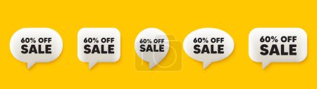 Illustration for Sale 60 percent off discount. 3d chat speech bubbles set. Promotion price offer sign. Retail badge symbol. Sale talk speech message. Talk box infographics. Vector - Royalty Free Image
