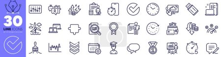 Illustration for Brush, Verify and Energy inflation line icons pack. Puzzle, Work home, Money web icon. Deflation, Time and Timer app pictogram. Presentation, Timer device. Windmill, Stock analysis. Vector - Royalty Free Image