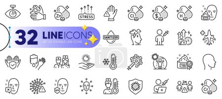 Illustration for Outline set of Covid virus, Medical flight and Blood line icons for web with Chlorine mineral, Insurance hand, Head thin icon. People vaccination, Zinc mineral, Medicine price pictogram icon. Vector - Royalty Free Image