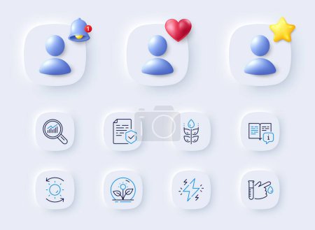 Illustration for Power, Incubator and Manual line icons. Placeholder with 3d bell, star, heart. Pack of Gluten free, Certificate, Data analysis icon. Sun protection, Blood donation pictogram. Vector - Royalty Free Image