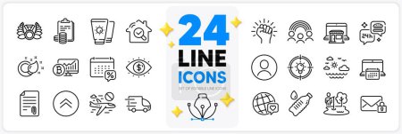 Illustration for Icons set of Swipe up, Business vision and Paint brush line icons pack for app with Cancel flight, Inspect, Sunscreen thin outline icon. Truck delivery, World brand, Headshot pictogram. Vector - Royalty Free Image