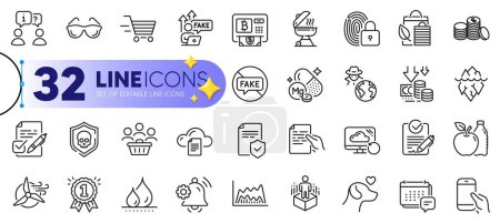 Illustration for Outline set of Windmill turbine, Hold smartphone and Cyber attack line icons for web with Message, Delivery shopping, Fraud thin icon. Bio shopping, Fake internet, Hold document pictogram icon. Vector - Royalty Free Image