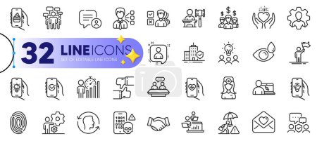 Illustration for Outline set of Approved app, Food app and Online education line icons for web with Leadership, Risk management, Professional thin icon. Business statistics, Security agency. Vector - Royalty Free Image