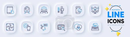 Illustration for Voting ballot, Tablet pc and Rate button line icons for web app. Pack of Train, Search photo, Incubator pictogram icons. Team work, Euler diagram, Typewriter signs. Bid offer, Puzzle. Vector - Royalty Free Image