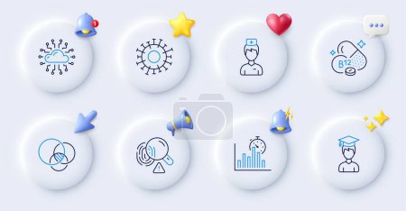Illustration for Euler diagram, Coronavirus and Cobalamin vitamin line icons. Buttons with 3d bell, chat speech, cursor. Pack of Cloud network, Fingerprint, Student icon. Report timer, Doctor pictogram. Vector - Royalty Free Image