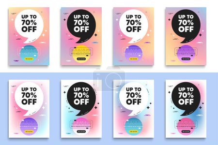 Illustration for Up to 70 percent off sale. Poster frame with quote. Discount offer price sign. Special offer symbol. Save 70 percentages. Discount tag flyer message with comma. Vector - Royalty Free Image