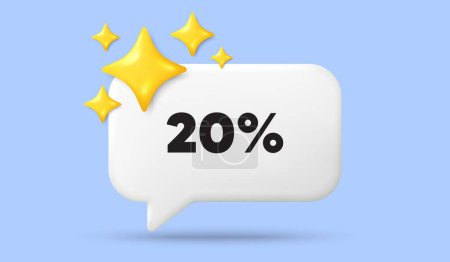 Illustration for 20 percent off sale tag. 3d speech bubble banner with stars. Discount offer price sign. Special offer symbol. Discount chat speech message. 3d offer talk box. Vector - Royalty Free Image