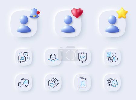 Illustration for Augmented reality, Time management and Voicemail line icons. Placeholder with 3d bell, star, heart. Pack of Social responsibility, Canister oil, Uv protection icon. Vector - Royalty Free Image