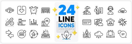 Illustration for Icons set of Reminder, Presentation board and Parking garage line icons pack for app with Cloud computing, Text message, Auction hammer thin outline icon. Survey results. Design with 3d stars. Vector - Royalty Free Image