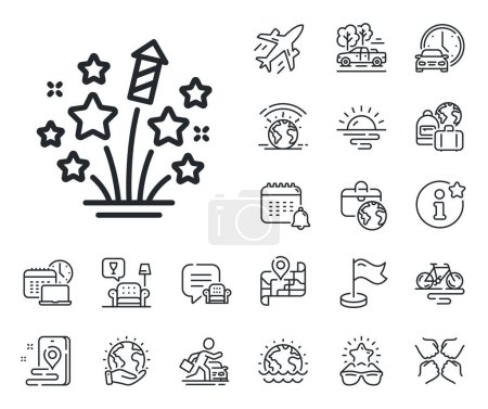 Illustration for Pyrotechnic salute sign. Plane jet, travel map and baggage claim outline icons. Fireworks stars line icon. Carnival celebration lights symbol. Fireworks stars line sign. Vector - Royalty Free Image