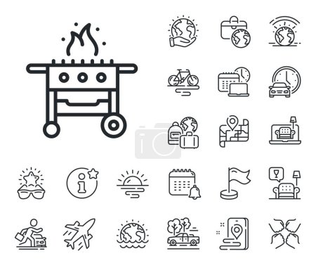 Illustration for Barbecue cooker for cooking food sign. Plane jet, travel map and baggage claim outline icons. Gas grill line icon. Meat brazier symbol. Gas grill line sign. Car rental, taxi transport icon. Vector - Royalty Free Image