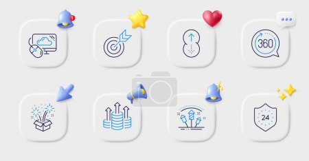 Illustration for Swipe up, Fireworks rocket and Fireworks line icons. Buttons with 3d bell, chat speech, cursor. Pack of Cloud computing, Target, 24 hours icon. 360 degrees, Budget pictogram. Vector - Royalty Free Image