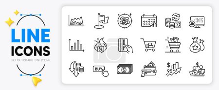 Illustration for Stress, Calendar graph and Internet shopping line icons set for app include Hot offer, Loyalty points, Payment outline thin icon. Change money, Milestone, Armed robbery pictogram icon. Vector - Royalty Free Image