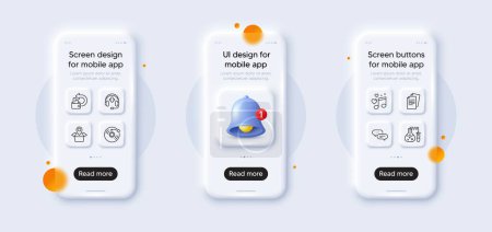 Illustration for Dots message, Package location and Cash back line icons pack. 3d phone mockups with bell alert. Glass smartphone screen. Vinyl record, Chemistry lab, Documents web icon. Vector - Royalty Free Image