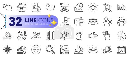 Illustration for Outline set of Chemical formula, Open door and Swimming pool line icons for web with Open mail, Search employee, Sun protection thin icon. Delete user, Touchscreen gesture. Vector - Royalty Free Image