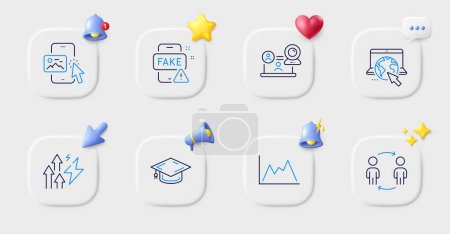 Illustration for Phone image, Internet and Diagram line icons. Buttons with 3d bell, chat speech, cursor. Pack of Fake news, Workflow, Energy inflation icon. Video conference, Graduation cap pictogram. Vector - Royalty Free Image