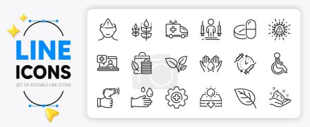 Illustration for Mental health, Medicine and Wash hands line icons set for app include Bio shopping, Disability, Coronavirus injections outline thin icon. Gluten free, Skin care, Medical drugs pictogram icon. Vector - Royalty Free Image