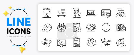 Illustration for Web analytics, Customer satisfaction and Time management line icons set for app include Dollar exchange, Selfie stick, Brand outline thin icon. Exam time, Engineering team. Vector - Royalty Free Image
