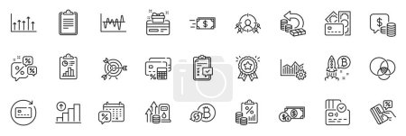 Ilustración de Los iconos que se empaquetan como tarjeta, gráfico de crecimiento e iconos de línea de lista de verificación para la aplicación incluyen Dinero, Renovar la tarjeta, Conjunto web de iconos delgados de contorno de efectivo. Diagrama de Euler, premio de lealtad, pictograma del proyecto Bitcoin. Vector - Imagen libre de derechos