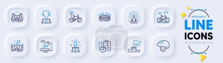 Illustration for Bicycle parking, Yoga and Success line icons for web app. Pack of Timer, Bike, Sports arena pictogram icons. Boat fishing, Arena stadium, Winner flag signs. Bicycle helmet, Winner cup. Vector - Royalty Free Image