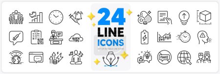 Illustration for Icons set of Battery charging, Seo message and Qr code line icons pack for app with Group, Time, Quick tips thin outline icon. Fake news, Greenhouse, Exhibitors pictogram. Design with 3d stars. Vector - Royalty Free Image
