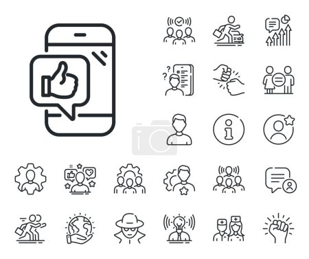 Illustration for Thumbs up sign. Specialist, doctor and job competition outline icons. Mobile like line icon. Positive feedback symbol. Mobile like line sign. Avatar placeholder, spy headshot icon. Vector - Royalty Free Image