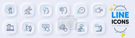 Illustration for Work home, Click hand and Risk management line icons for web app. Pack of Fake information, Idea, Businessman run pictogram icons. Creative idea, Seo target, Time management signs. Vector - Royalty Free Image